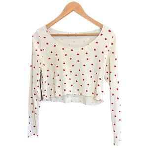 Primark boat neck long sleeve crop top with ditzy rose pattern on white